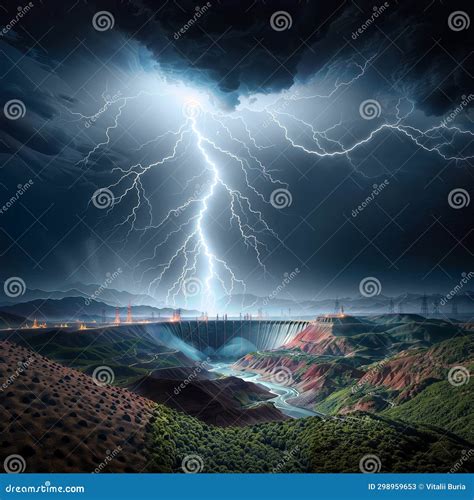 Conceptual Image of Lightning Strikes Over the Mountains and River