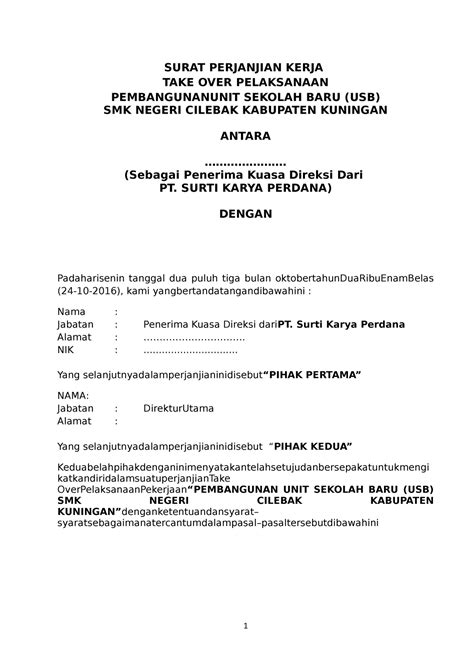 354989501 Draft Kontrak Kerjasama Take Over Surat Perjanjian Kerja