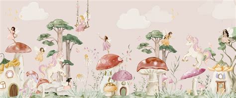 Blush Pink Enchanted Fairy Garden Wallpaper Mural With Unicorns