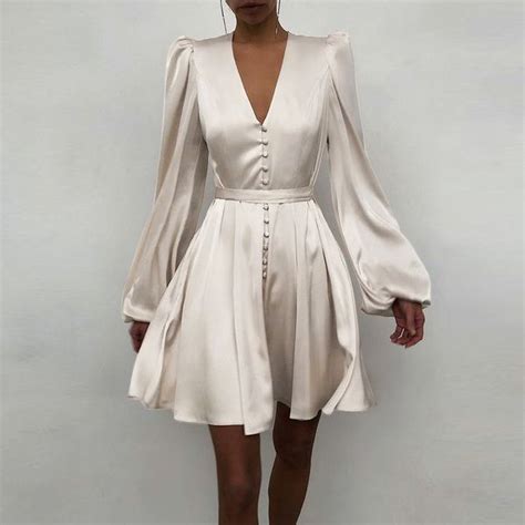 Spring Dresses Women Puff Long Sleeved Short Dress Silk Satin V Neck