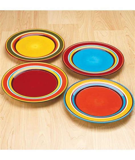 New 16 Pc Vibrant Southwest Fiesta Striped Dinnerware Set Bowls Plates