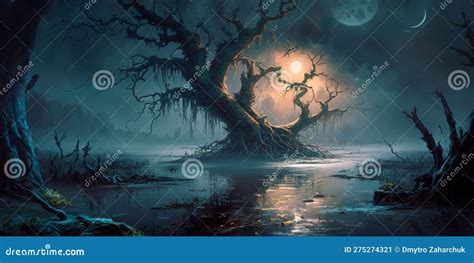 Cursed Swamp With Twisted Trees And Murky Waters With Ghostly