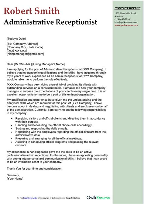 Administrative Receptionist Cover Letter Examples QwikResume