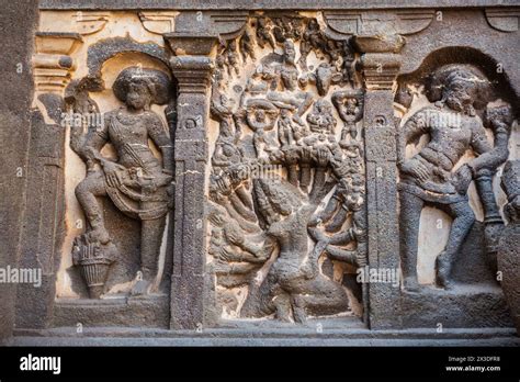 Relief carvings at Kailasa or Kailash Temple at the Ellora Caves in Maharashtra, India Stock ...