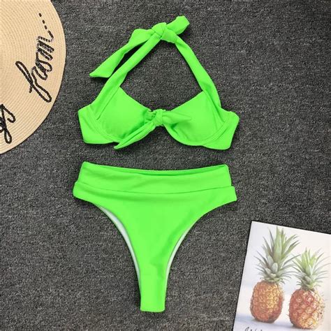 Sexy Neon Green Bikini Thong Bathing Suit Push Up Swimwear Women