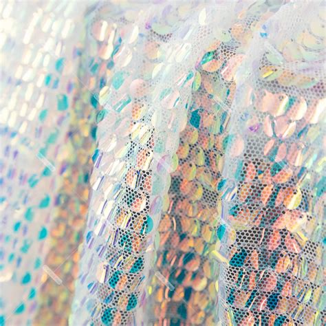 Iridescent Dream Color Tile Sequin On White Mesh Fabric Oneyard