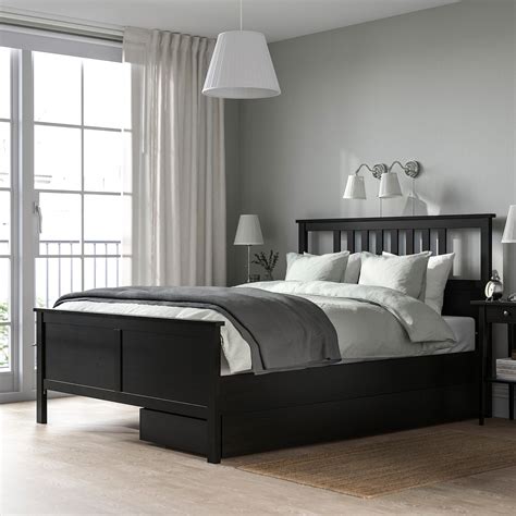 HEMNES Bed Frame With Storage Boxes, Dark Gray Stained/Luröy, Queen ...