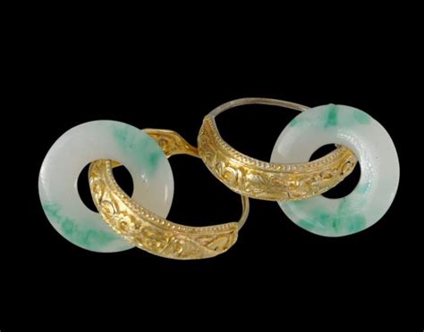 Pair Of Chinese Gilded Silver Jade Earrings Michael Backman Ltd