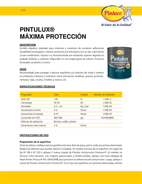 Ficha técnica esmalte Pintulux PINTULUX MÁXIMA PROTECCIÓN