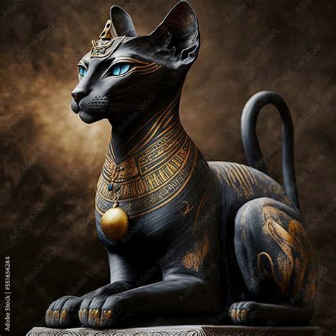 Ancient Egyptian Black Cat With Golden Ornaments Statuette In Black