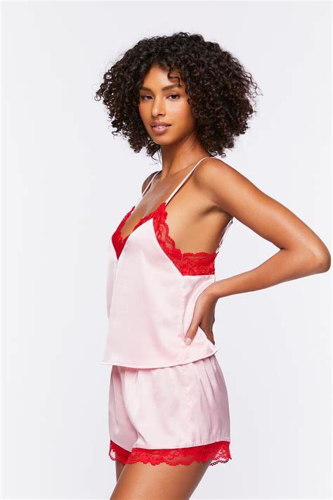 Satin Lace Trim Cami And Shorts Pajama Set