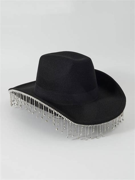 1pc Rhinestone Cowgirl Hat And Black Cowboy Hat Rhinestone Fringe