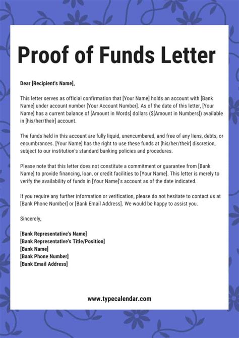 Free Printable Proof Of Funds Letter Templates Word PDF Sample