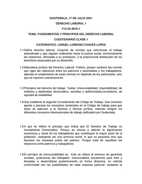 FUNDAMENTOS Y PRINCIPIOS DEL DERECHO LABORAL GUATEMALA 17 DE JULIO