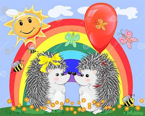 Two Lovers Cute Cartoon Hedgehogs A Boy And A Girl Near A Seven