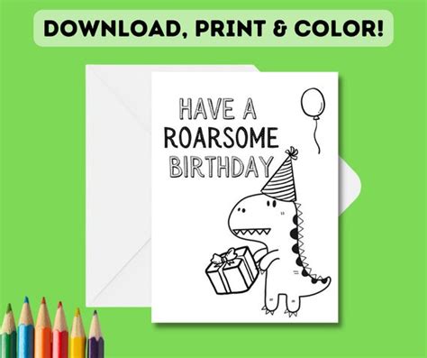 Printable Color In Dinosaur Birthday Card Childrens Diy Etsy