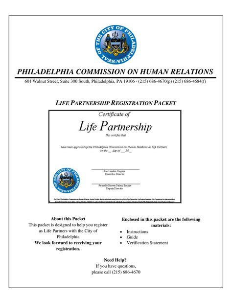 City Of Philadelphia Pennsylvania Life Partnership Registration Packet