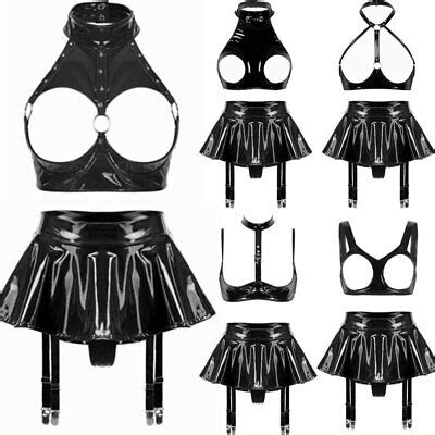Women S Wet Look Leather Lingerie Suit Cut Out Bralette With Flared Mini Skirts Ebay