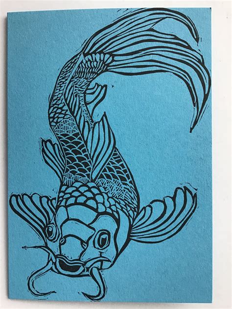 Koi carpa pescado japonés linocut linoprint dibujo ilustración Etsy