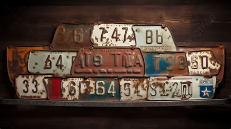 Rusty Collection Of Reclaimed License Plates Placed On A Wooden