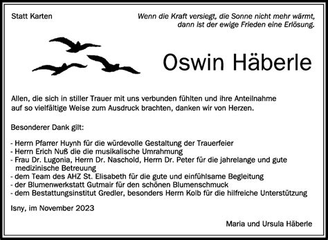 Traueranzeigen von Oswin Häberle schwaebische de Trauerportal