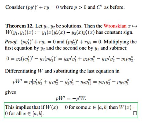 ordinary differential equations - Wronskian has constant sign - Mathematics Stack Exchange