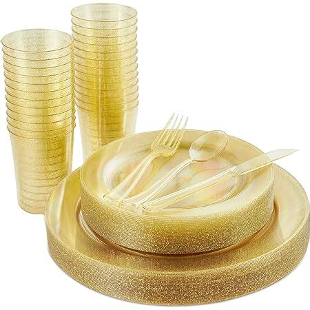 Amazon Supernal 180pcs Gold Glitter Plates Disposable Plastic