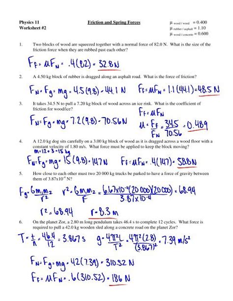 Physics 11 Friction And Spring Forces Worksheet 2 1 Two Blocks