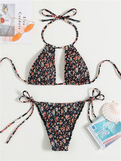 Shein Swim Vcay Ditsy Floral Bikini Set Smocked Cut Out Wireless Bra