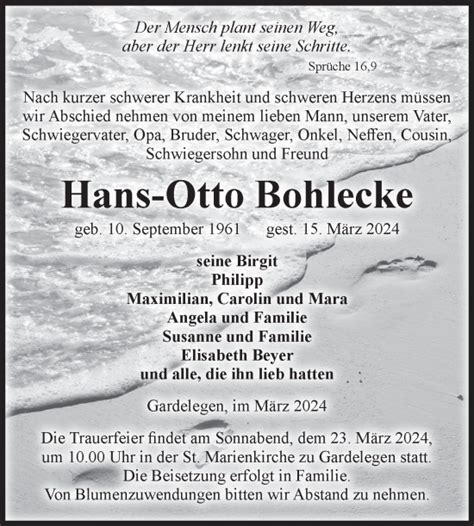 Traueranzeigen Von Hans Otto Bohlecke Abschied Nehmen De