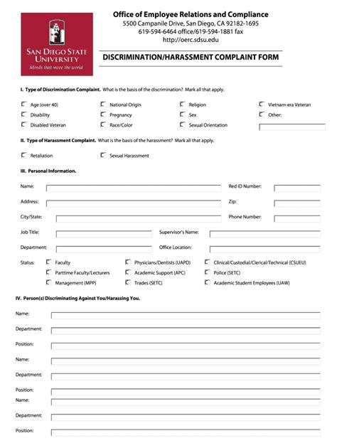 Fillable Online Bfa Sdsu Office Of Employee Relations And Compliance