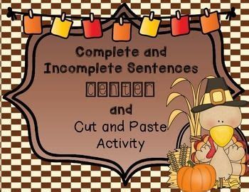 Thanksgiving Complete And Incomplete Sentences Center Cut N Paste