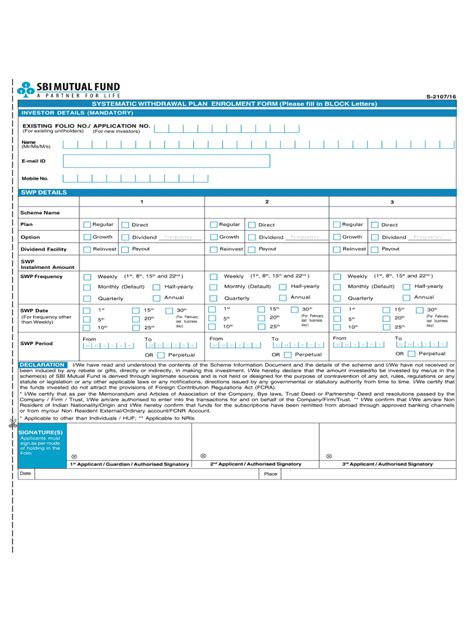 Fillable Online Application Form SWP FORM ENROLMENT SBI Mutual