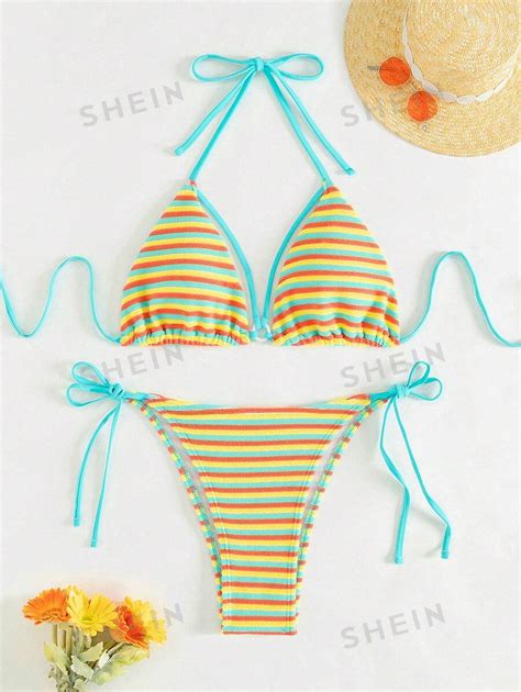 Shein Swim Conjunto De Bikini De Cuello De Halter Con Lazo En La Espalda Estampado De Rayas De