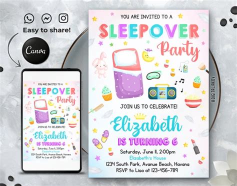 Editable Sleepover Invitation Template Printable Birthday Party