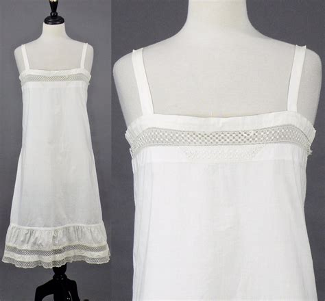 Edwardian 1910s White Cotton Chemise Dress Antique Slip Dress With