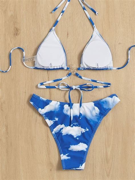 Emmiol Free Shipping 2024 Cloud Print Lace Up Bikini Set Blue M In