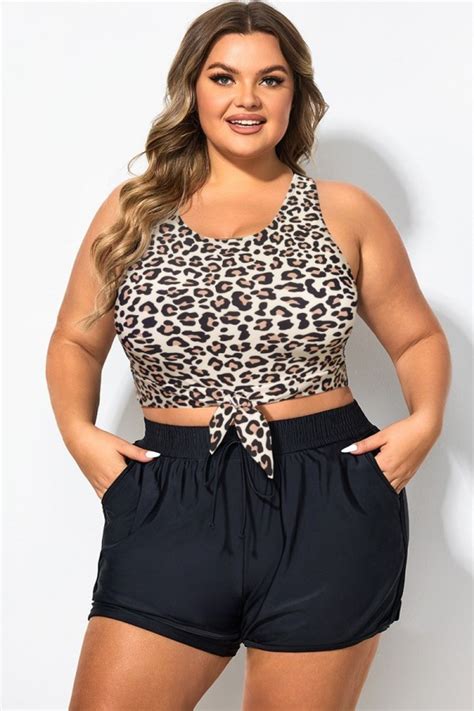 Plus Size Leopard Print Knotted Crop Bikini Top Meet Curve Meet Curve