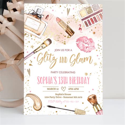 Glitz And Glam Birthday Party Invitation Spa Makeup Birthday Party