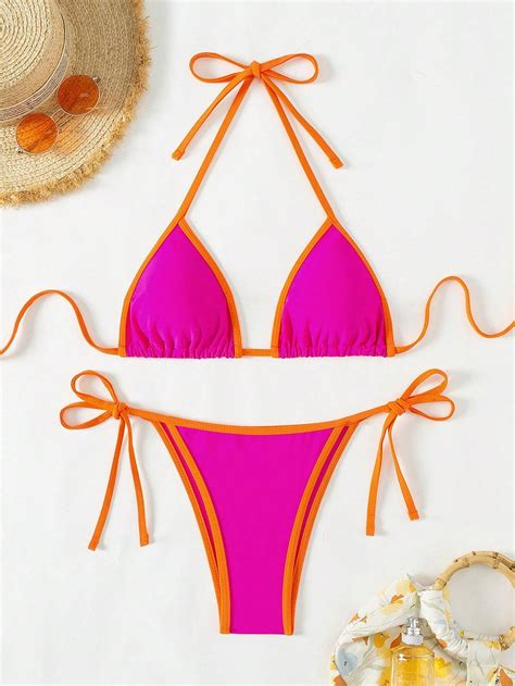 Shein Swim Conjunto De Bikini Halter De Cuello Alto Con Bloque De Color