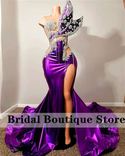 Sparkly Sexy Purple Prom Dress 2024 Beads Crystal Rhinestones High Side