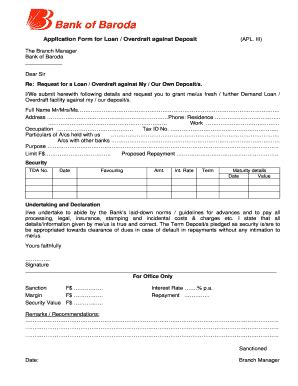 Fillable Online Bapplicationb Form For Bloanb Overdraft Against Deposit