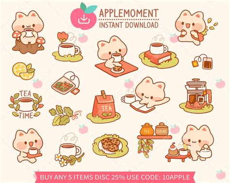 Cute Kawaii Printable Digital Stickers Clipart Kitty Cat Picnic Tea