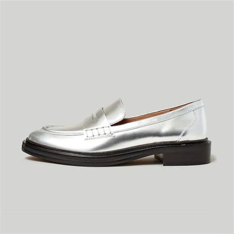 Silver Metallic Round Toe Flat Penny Loafers Women | Loafers for women ...