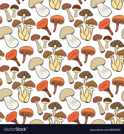 Hand Drawn Mushrooms Seamless Pattern In Color Vector Image