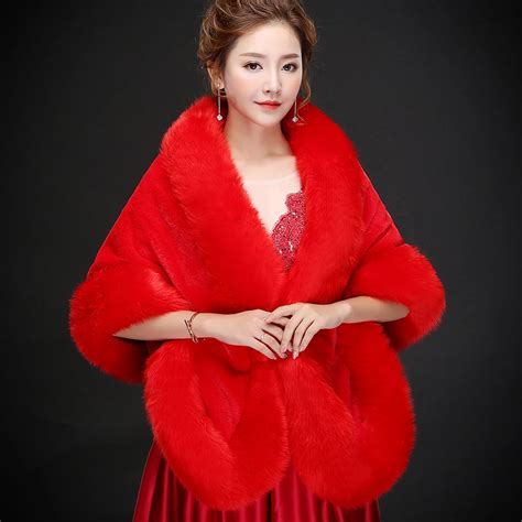 Red Faux Fur Wra Women Winter Cheap Ivory Bridal Jackets Warm Fur