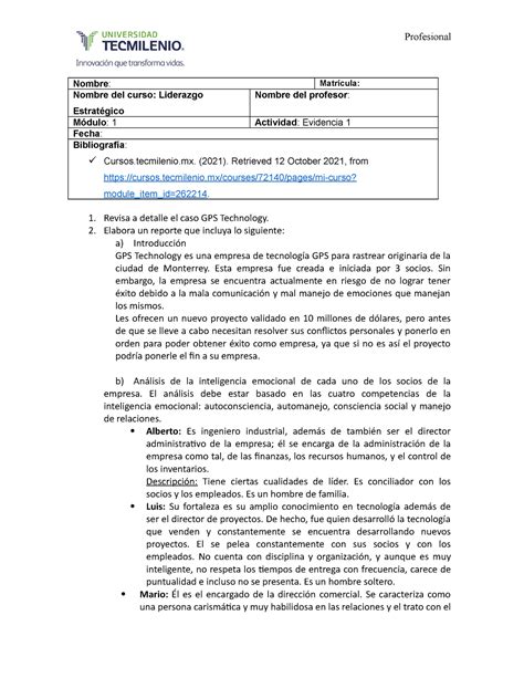 Evidencia 1 de Liderazgo Estratégico Profesional Nombre Matrícula