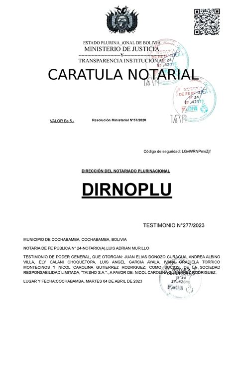 Testimonio Poder 2772023 Tarea Contabilidad ESTADO PLURINA IONAL DE