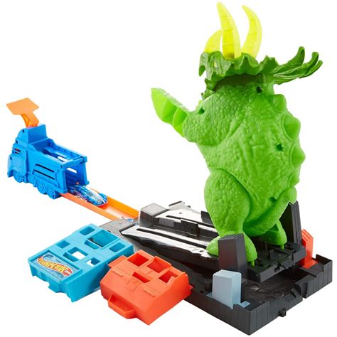 Hot Wheels City Global Nemesis Tv Dinosaurio Triceratops Y Lanzador De Coches De Juguete