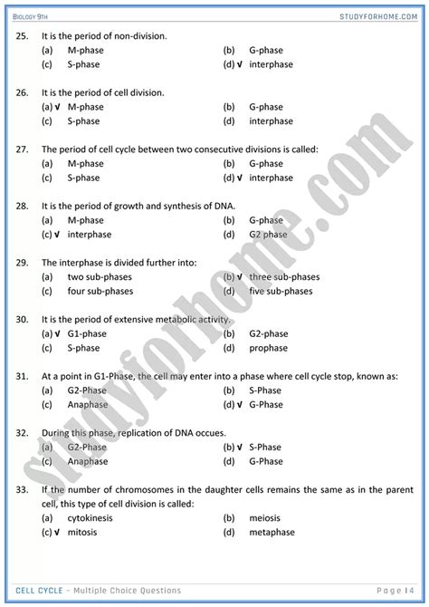 Cell Cycle Mcqs Biology 9th